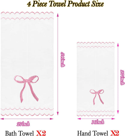 4 Pcs Scalloped Towels for Bathroom 100% Cotton 2 Bath Towels 2 Hand Towels Scallop Bathroom Towels Embroidered Dish Towel Decorative Soft Bath Towel for Kitchen (Bow Pink, 2*Bath+2*Hand towel)