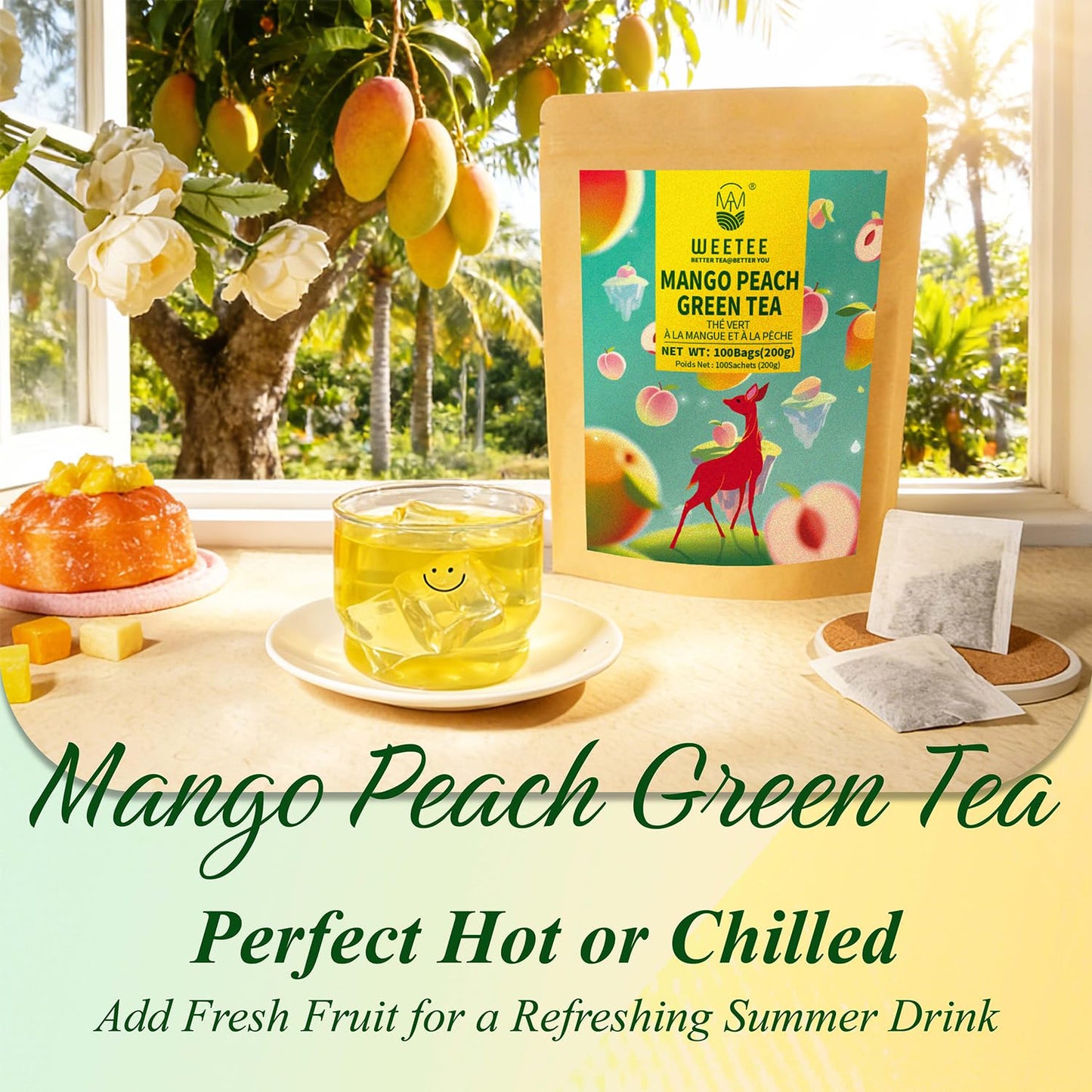 Mango Peach Green Tea Bags 100 Count, Flavored Steam Green Tea, Natural Mango & Peach Flavoring, No Add Sweeter | Fruity & Refreshing Hot or Iced Tea