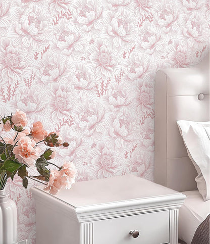 Floral Peel and Stick Wallpaper Boho Contact Paper 17.3" x 118" Pink and White Self Adhesive Removable Wallpaper Modern Wall Paper for Bedroom Bathroom