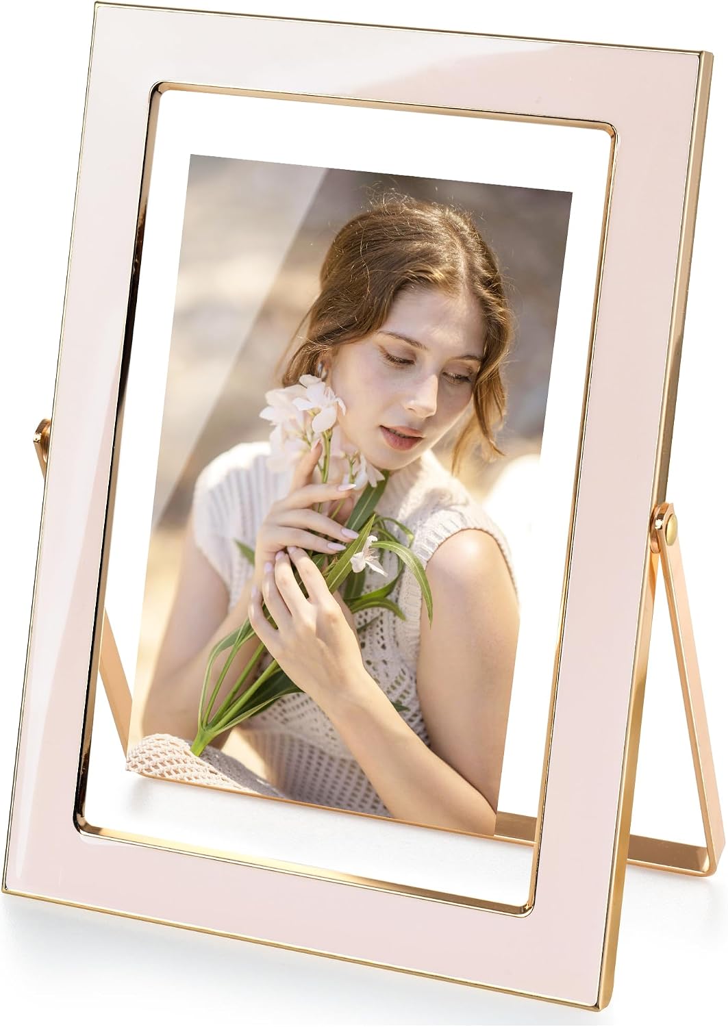 4x6 Gold Floating Frame Pink Enamel Picture Frame with Metal Edge for 3.5x5, 2x3 up to 4x6 Photo Double Glass Floating Picture Frame for Desk Tabletop Shelf Vertical Display