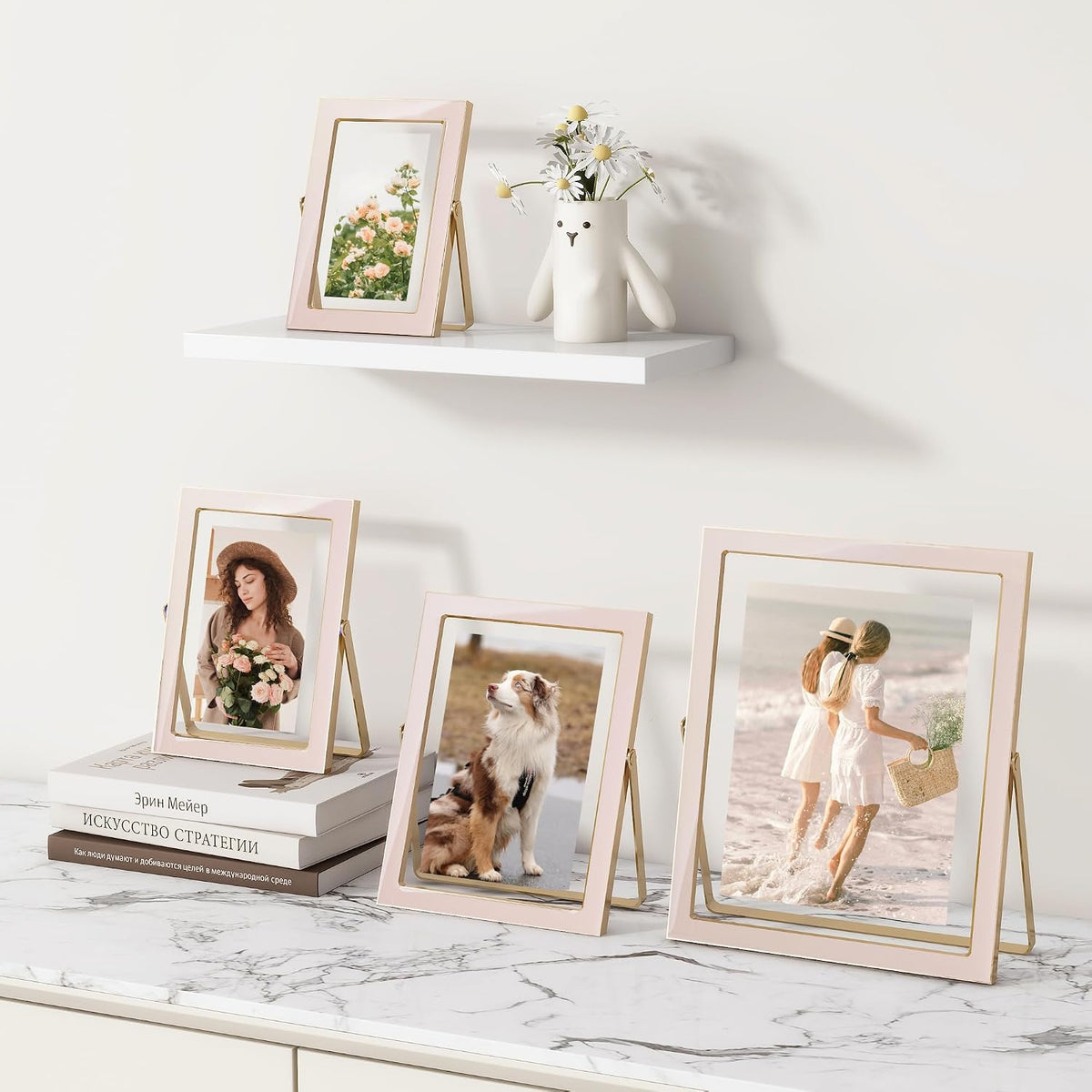 4x6 Gold Floating Frame Pink Enamel Picture Frame with Metal Edge for 3.5x5, 2x3 up to 4x6 Photo Double Glass Floating Picture Frame for Desk Tabletop Shelf Vertical Display