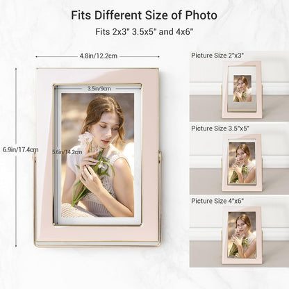 4x6 Gold Floating Frame Pink Enamel Picture Frame with Metal Edge for 3.5x5, 2x3 up to 4x6 Photo Double Glass Floating Picture Frame for Desk Tabletop Shelf Vertical Display