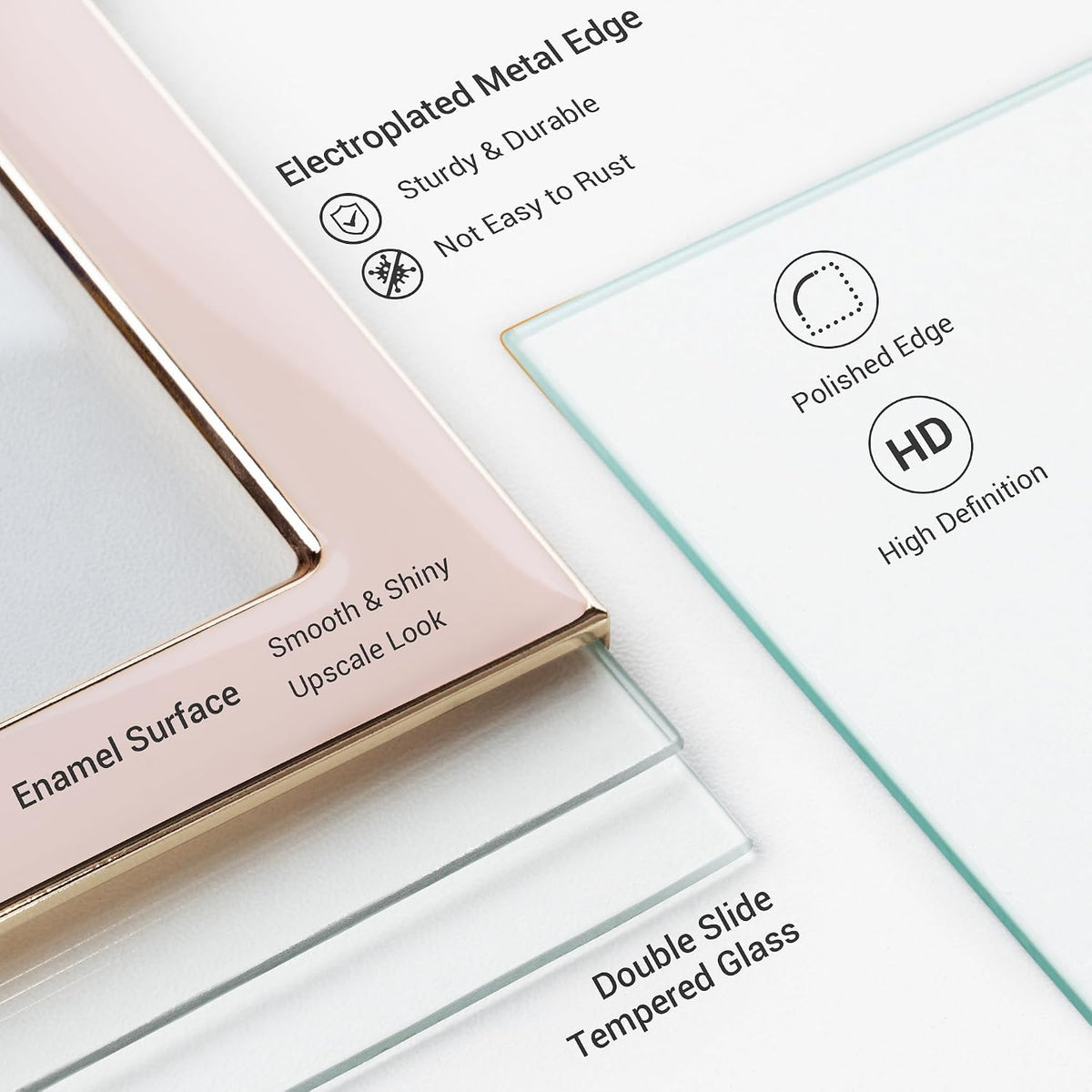 4x6 Gold Floating Frame Pink Enamel Picture Frame with Metal Edge for 3.5x5, 2x3 up to 4x6 Photo Double Glass Floating Picture Frame for Desk Tabletop Shelf Vertical Display