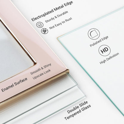 4x6 Gold Floating Frame Pink Enamel Picture Frame with Metal Edge for 3.5x5, 2x3 up to 4x6 Photo Double Glass Floating Picture Frame for Desk Tabletop Shelf Vertical Display