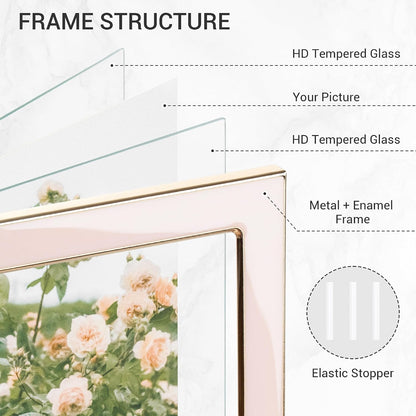 4x6 Gold Floating Frame Pink Enamel Picture Frame with Metal Edge for 3.5x5, 2x3 up to 4x6 Photo Double Glass Floating Picture Frame for Desk Tabletop Shelf Vertical Display