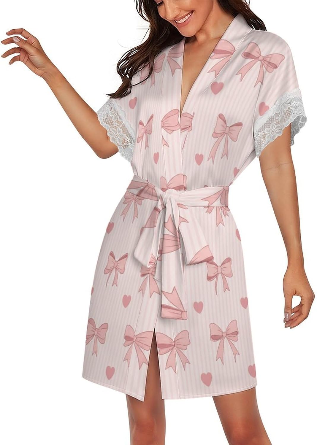Pink Bow Hearts Womens Robes Bridal Robe Kimono Robes for Women Lingerie Robe