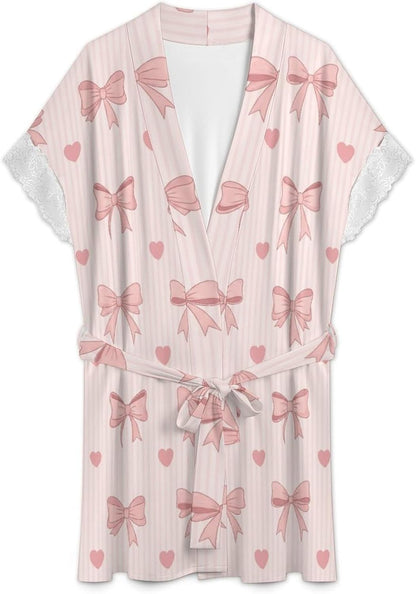 Pink Bow Hearts Womens Robes Bridal Robe Kimono Robes for Women Lingerie Robe