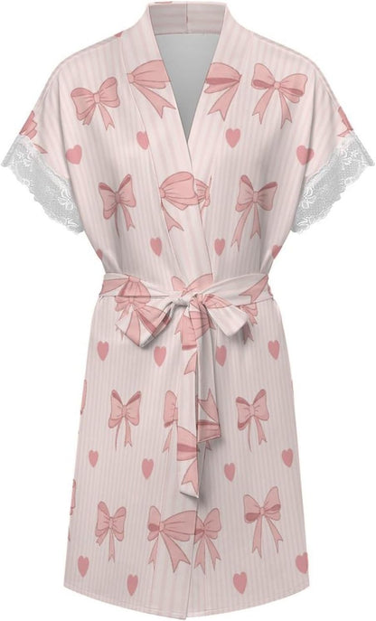Pink Bow Hearts Womens Robes Bridal Robe Kimono Robes for Women Lingerie Robe