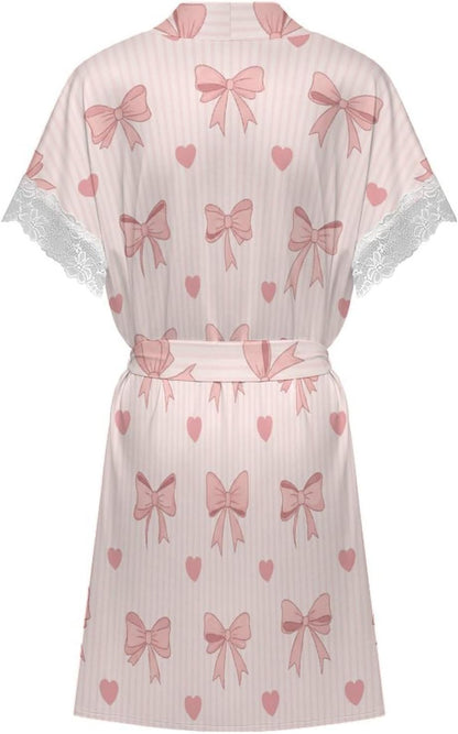 Pink Bow Hearts Womens Robes Bridal Robe Kimono Robes for Women Lingerie Robe