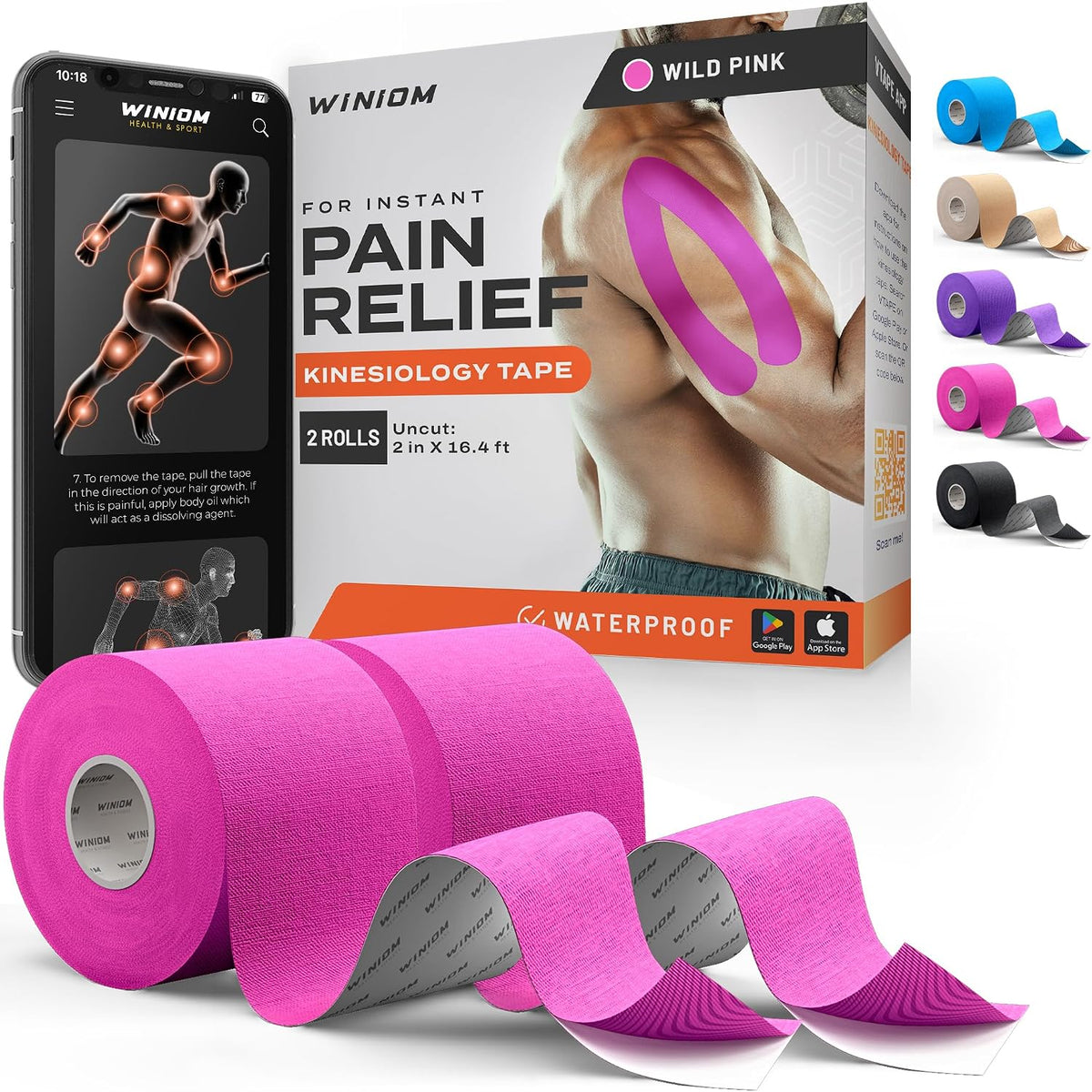 Kinesiology Tape - Waterproof Athletic Sports Tape for Knee, Shoulder, Arm & Back Support | 3-5 Day Adhesion, Hypoallergenic & Latex-Free + Taping Guide (Uncut, 2inx16.4ft, Wild Pink, 2-Roll)