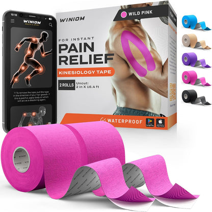 Kinesiology Tape - Waterproof Athletic Sports Tape for Knee, Shoulder, Arm & Back Support | 3-5 Day Adhesion, Hypoallergenic & Latex-Free + Taping Guide (Uncut, 2inx16.4ft, Wild Pink, 2-Roll)