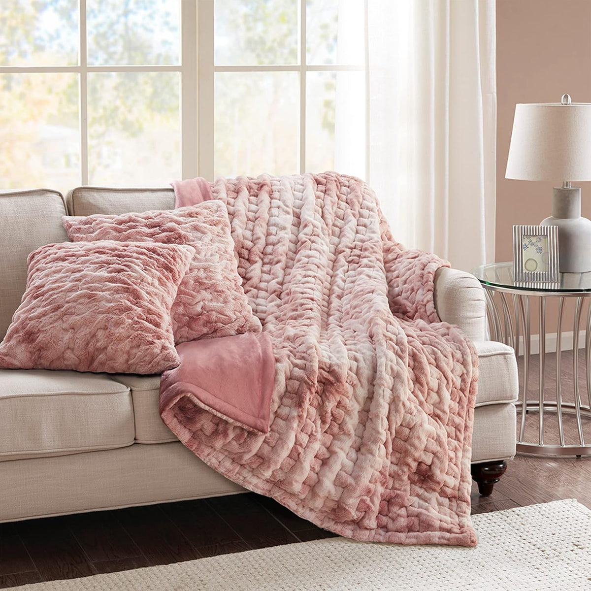 Ruched Throw Set Faux Fur Blanket, 50 x 60, Blush Tie Dye