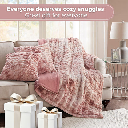 Ruched Throw Set Faux Fur Blanket, 50 x 60, Blush Tie Dye