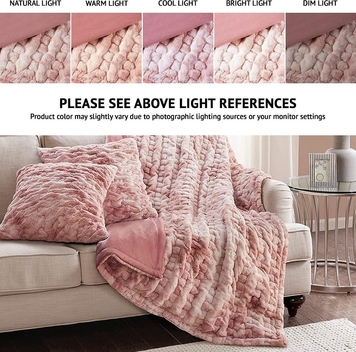 Ruched Throw Set Faux Fur Blanket, 50 x 60, Blush Tie Dye