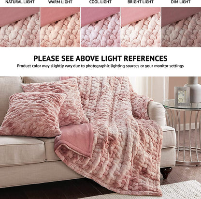 Ruched Throw Set Faux Fur Blanket, 50 x 60, Blush Tie Dye