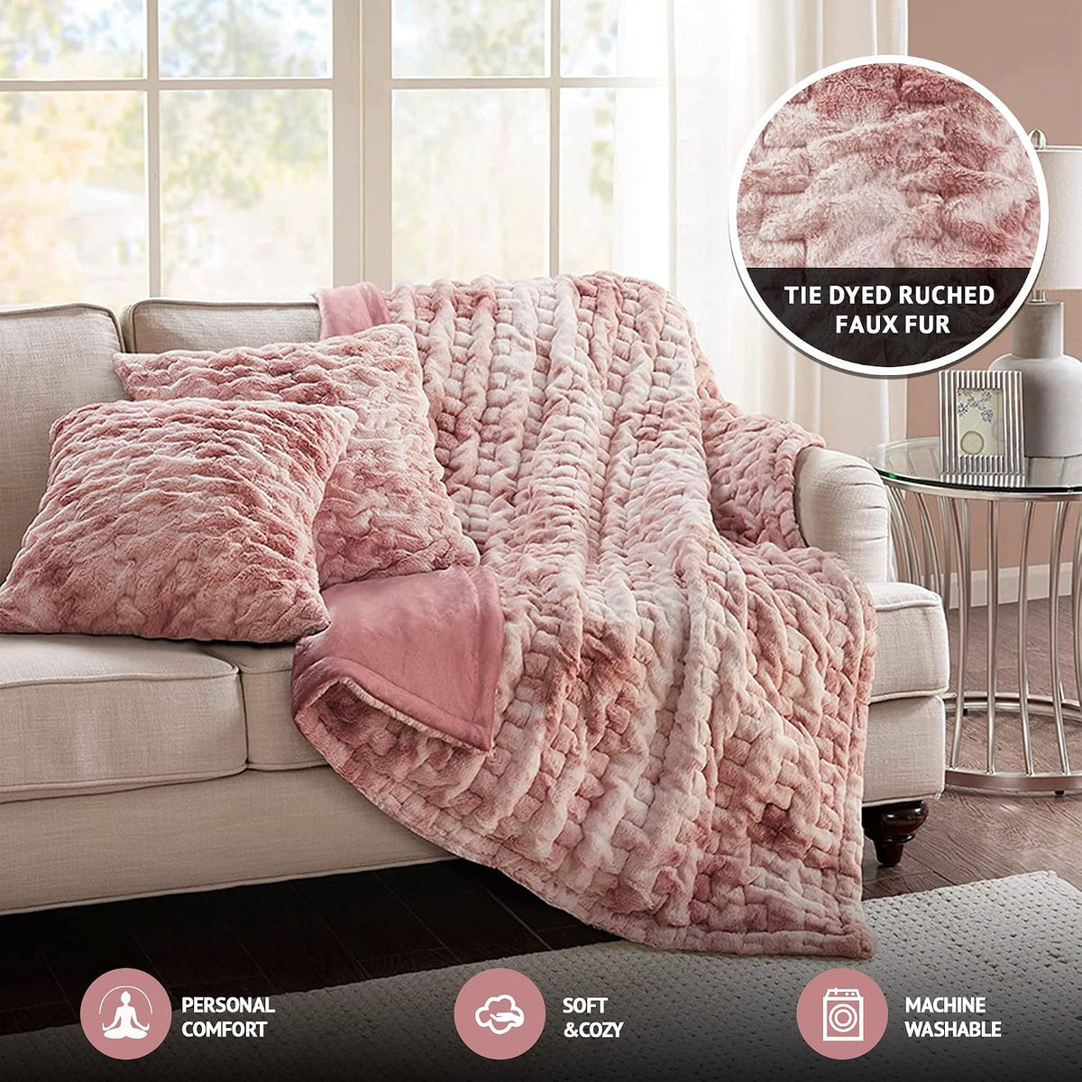 Ruched Throw Set Faux Fur Blanket, 50 x 60, Blush Tie Dye