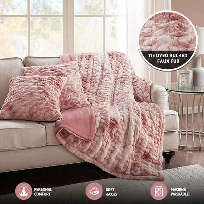 Ruched Throw Set Faux Fur Blanket, 50 x 60, Blush Tie Dye