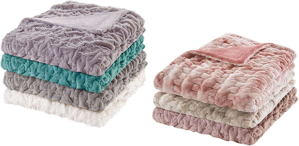 Ruched Throw Set Faux Fur Blanket, 50 x 60, Blush Tie Dye