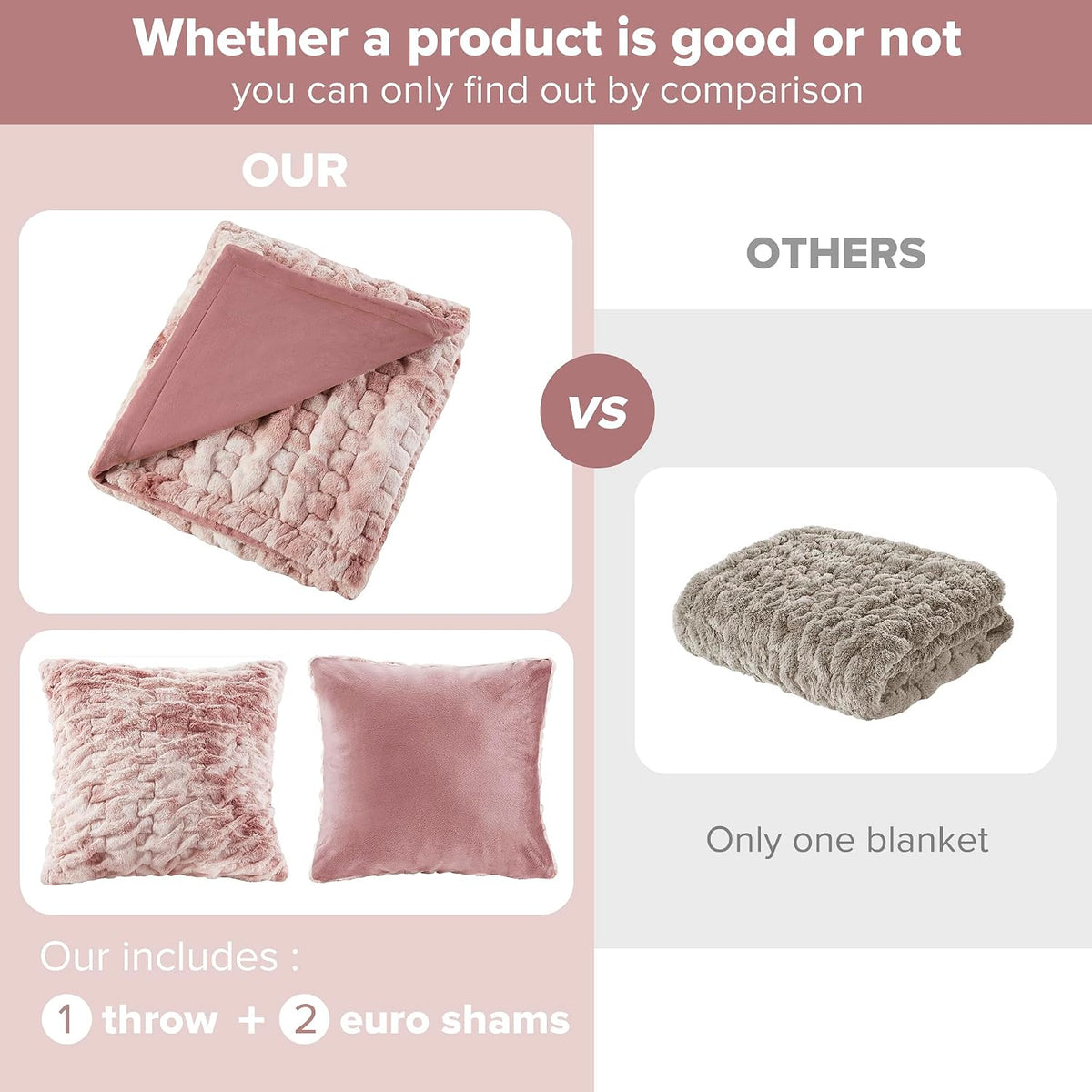 Ruched Throw Set Faux Fur Blanket, 50 x 60, Blush Tie Dye