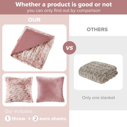 Ruched Throw Set Faux Fur Blanket, 50 x 60, Blush Tie Dye