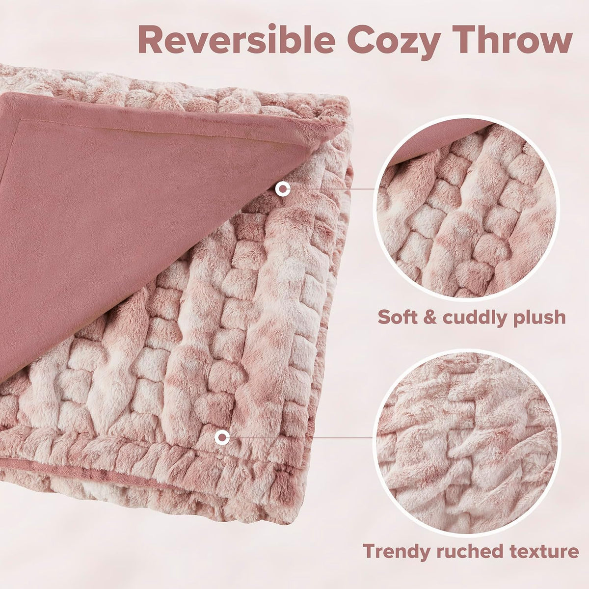 Ruched Throw Set Faux Fur Blanket, 50 x 60, Blush Tie Dye
