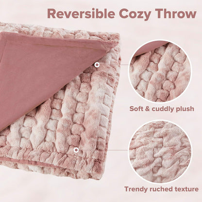 Ruched Throw Set Faux Fur Blanket, 50 x 60, Blush Tie Dye