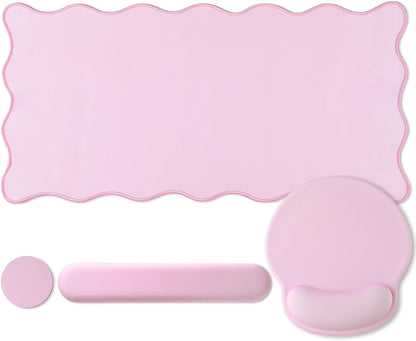 Scalloped Desk Mat Keyboard Mouse Pad Set Pink 31.5 x 15.7 Inch