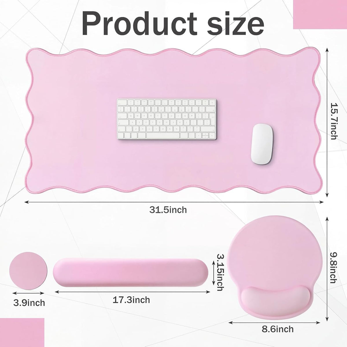 Scalloped Desk Mat Keyboard Mouse Pad Set Pink 31.5 x 15.7 Inch