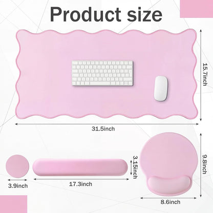 Scalloped Desk Mat Keyboard Mouse Pad Set Pink 31.5 x 15.7 Inch