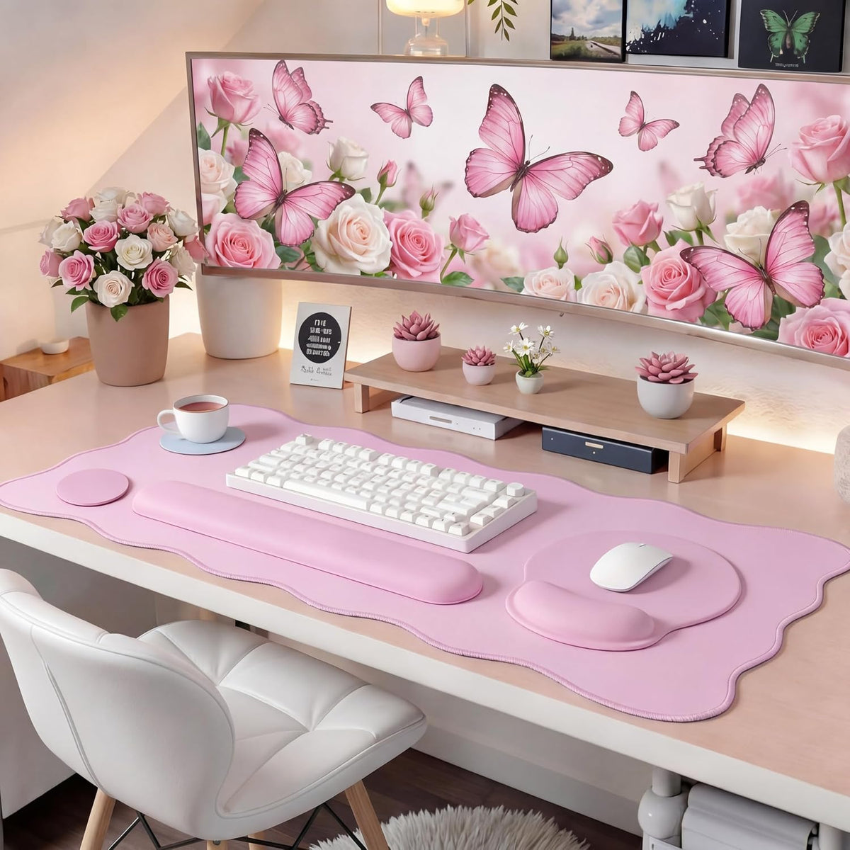 Scalloped Desk Mat Keyboard Mouse Pad Set Pink 31.5 x 15.7 Inch