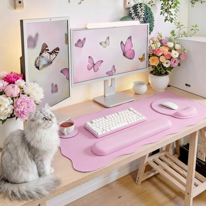 Scalloped Desk Mat Keyboard Mouse Pad Set Pink 31.5 x 15.7 Inch