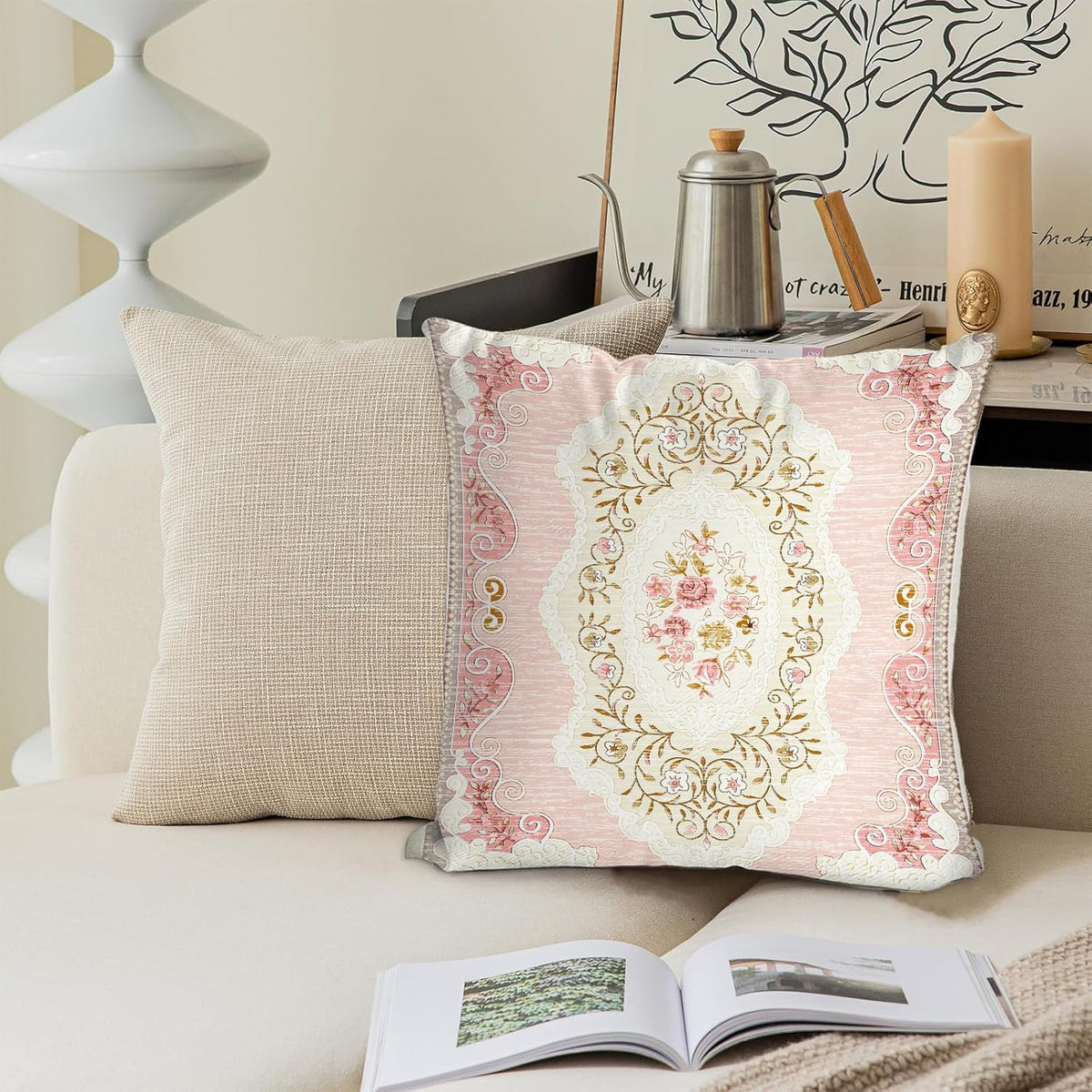 Boho Floral Throw Pillow Covers 16x16 inch Set of 2,Pink Boho Rug Geometric Floral Pattern Decor Double Sided Pattern Cushion Cover Soft Pillow Case Living Sofa Room Bed Square Pillow Cover