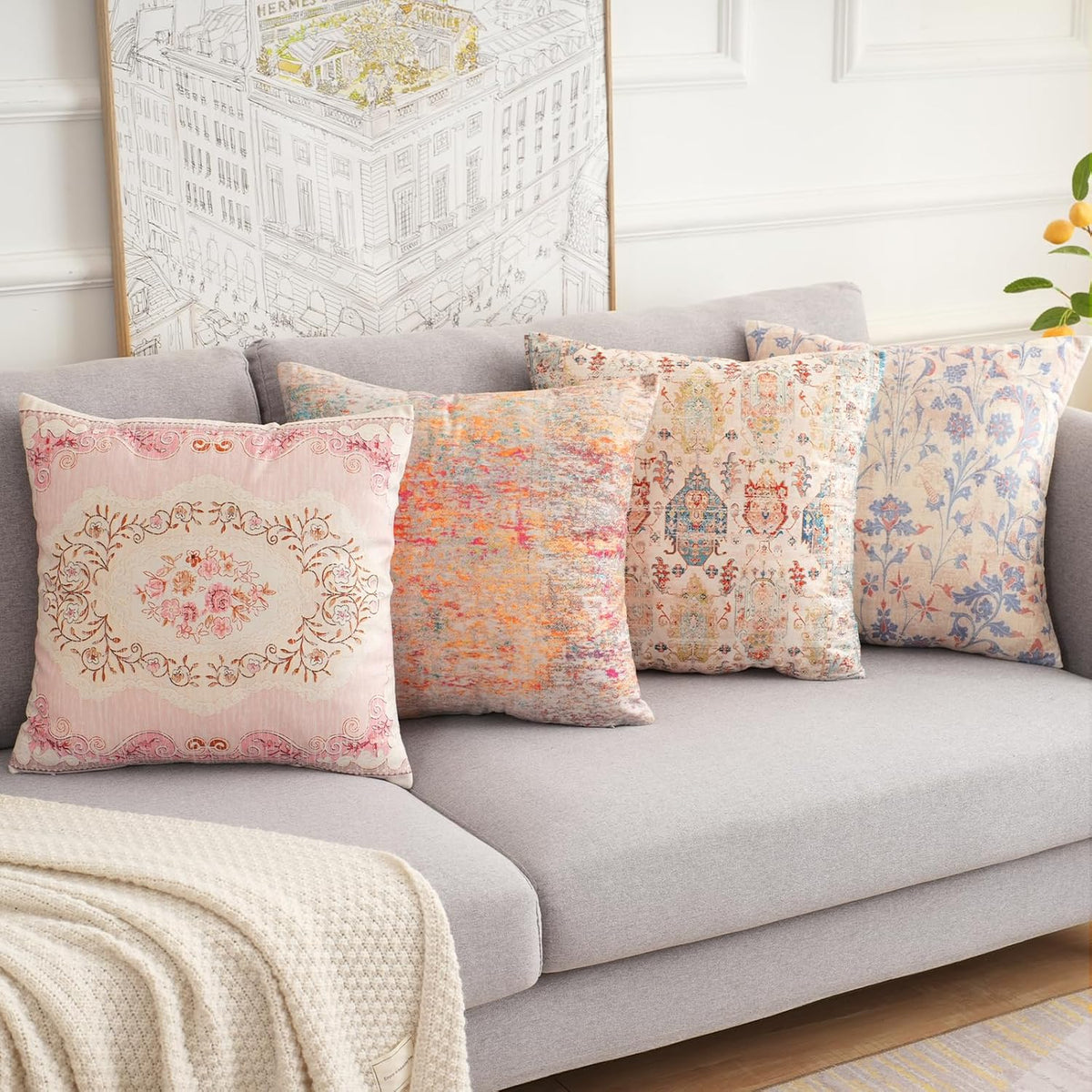 Boho Floral Throw Pillow Covers 16x16 inch Set of 2,Pink Boho Rug Geometric Floral Pattern Decor Double Sided Pattern Cushion Cover Soft Pillow Case Living Sofa Room Bed Square Pillow Cover