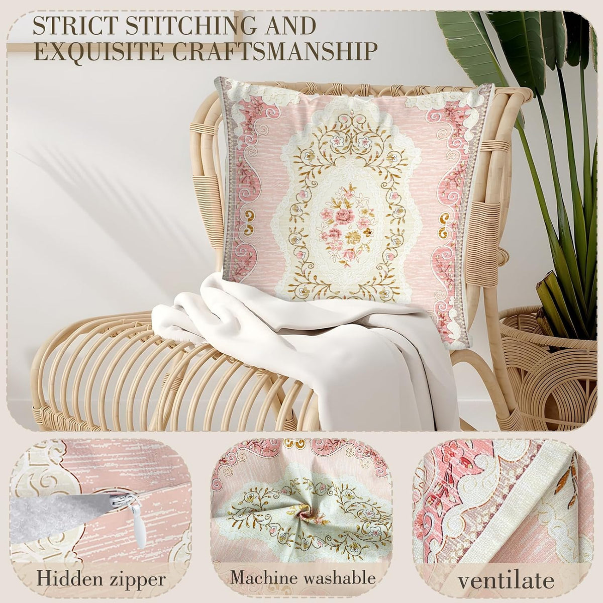 Boho Floral Throw Pillow Covers 16x16 inch Set of 2,Pink Boho Rug Geometric Floral Pattern Decor Double Sided Pattern Cushion Cover Soft Pillow Case Living Sofa Room Bed Square Pillow Cover