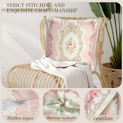 Boho Floral Throw Pillow Covers 16x16 inch Set of 2,Pink Boho Rug Geometric Floral Pattern Decor Double Sided Pattern Cushion Cover Soft Pillow Case Living Sofa Room Bed Square Pillow Cover