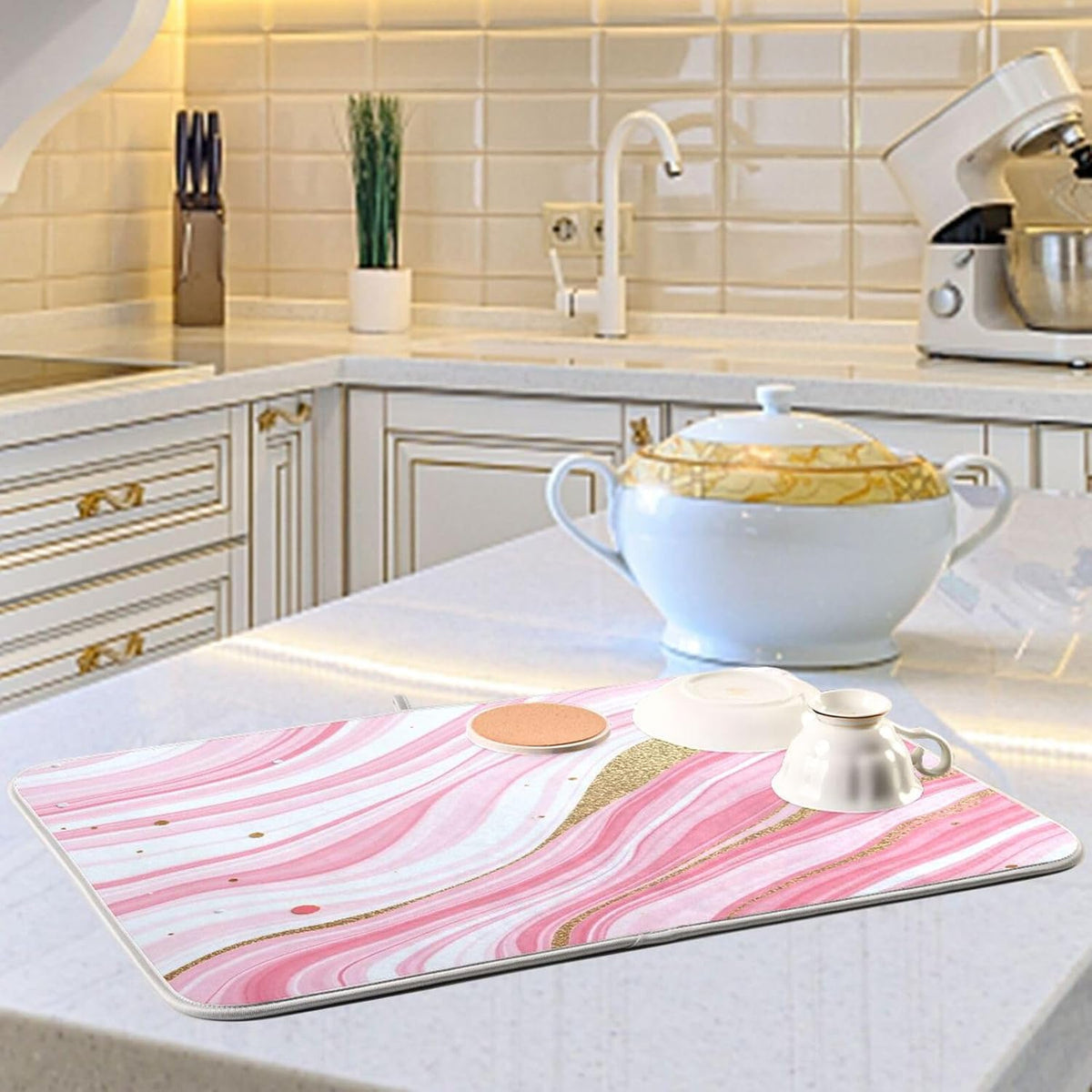 Gold Marble Design Pink Marble Stripes Stains Of Gold Dish Drying Mat Kitchen Drying Pad Dish Draining Mat Dish Rack Drainer Pad 18 x 24