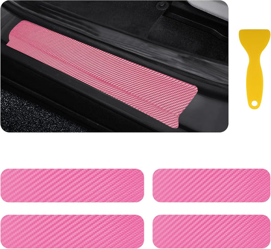 4PCS Car Door Sill Protector with Scraper,Carbon Fiber Car Door Protector Edge Guards for Front Rear Door Sills,Universal Anti-Scratch Car Door Threshold Strips (Pink)