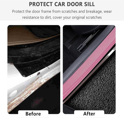 4PCS Car Door Sill Protector with Scraper,Carbon Fiber Car Door Protector Edge Guards for Front Rear Door Sills,Universal Anti-Scratch Car Door Threshold Strips (Pink)