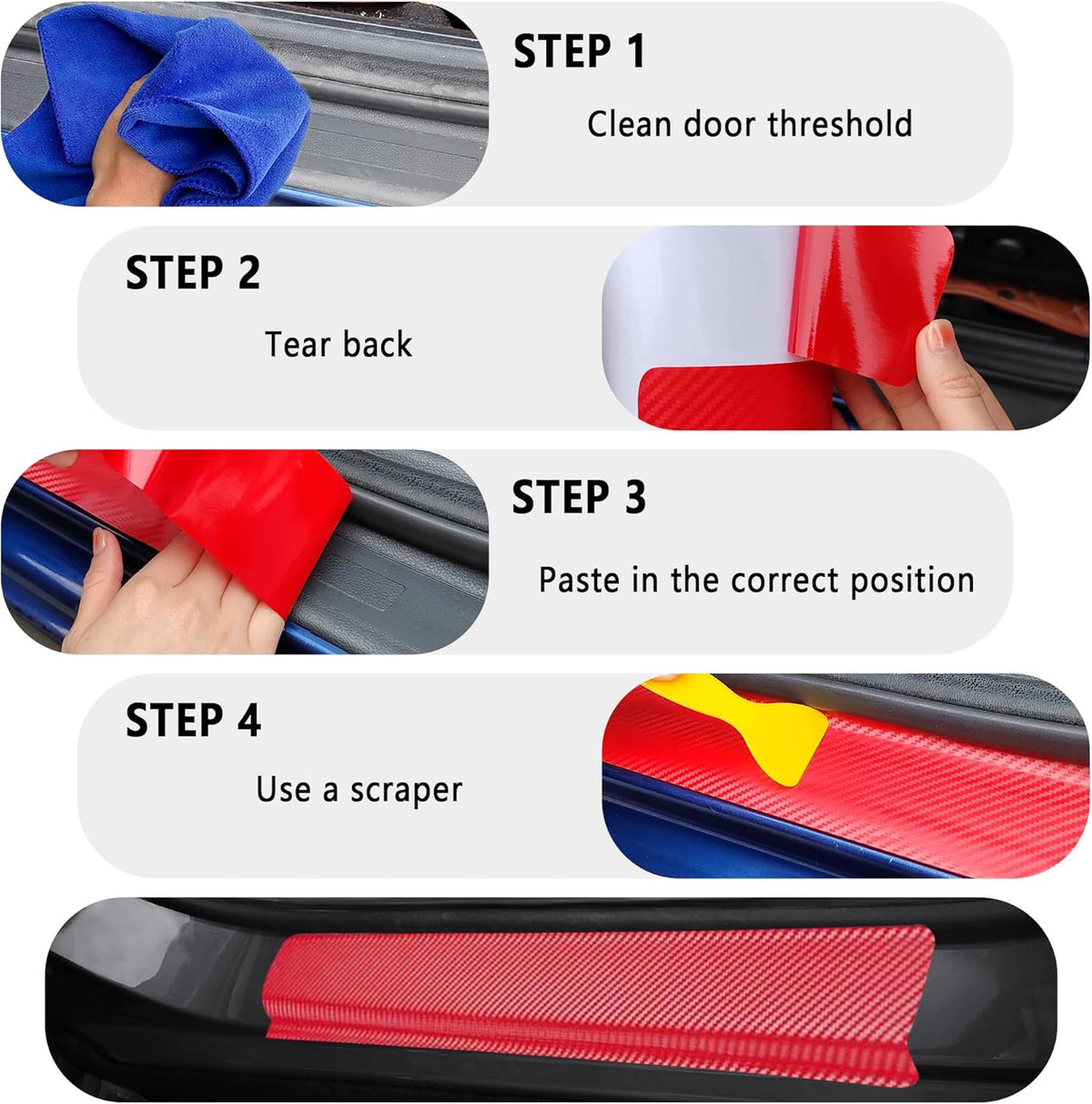 4PCS Car Door Sill Protector with Scraper,Carbon Fiber Car Door Protector Edge Guards for Front Rear Door Sills,Universal Anti-Scratch Car Door Threshold Strips (Pink)