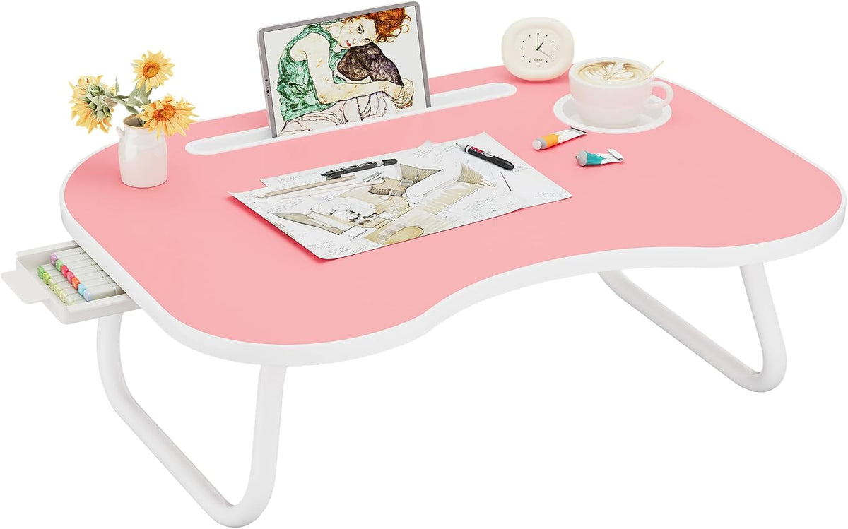 Lap Desk for Laptop Bed Trays for Eating and Laptops Breakfast in Bed Laptop Stand TV Trays for Bed with Cup Holder/Drawer for Sofa/Couch Portable Foldable (Pink, L(23×16")+Drawer)