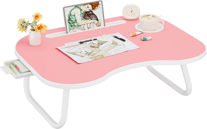 Lap Desk for Laptop Bed Trays for Eating and Laptops Breakfast in Bed Laptop Stand TV Trays for Bed with Cup Holder/Drawer for Sofa/Couch Portable Foldable (Pink, L(23×16")+Drawer)
