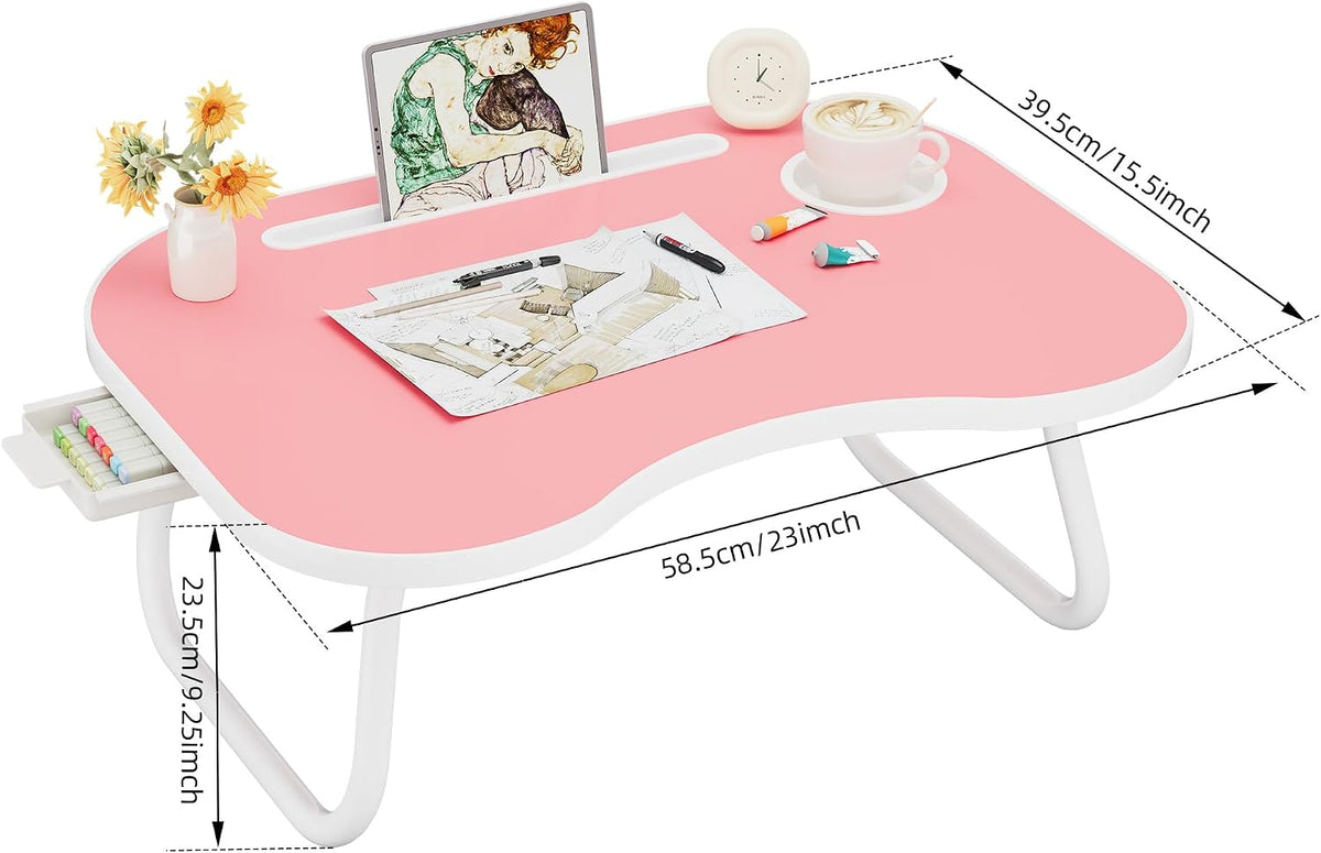 Lap Desk for Laptop Bed Trays for Eating and Laptops Breakfast in Bed Laptop Stand TV Trays for Bed with Cup Holder/Drawer for Sofa/Couch Portable Foldable (Pink, L(23×16")+Drawer)