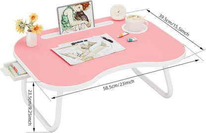 Lap Desk for Laptop Bed Trays for Eating and Laptops Breakfast in Bed Laptop Stand TV Trays for Bed with Cup Holder/Drawer for Sofa/Couch Portable Foldable (Pink, L(23×16")+Drawer)