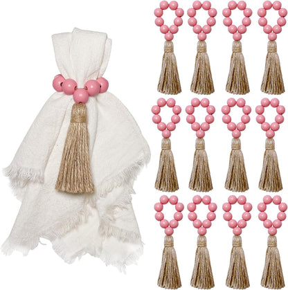 Napkin Rings Set of 12,Wooden Bead Elastic Tassel Napkin Ring (Pink)