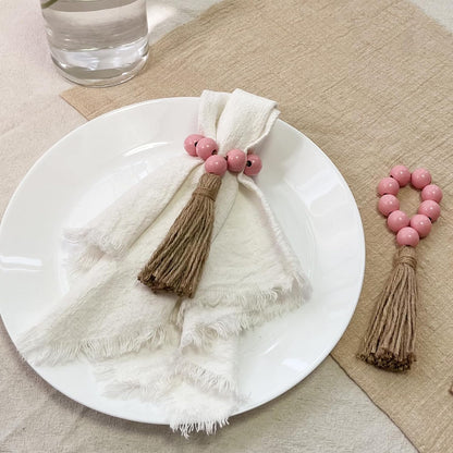 Napkin Rings Set of 12,Wooden Bead Elastic Tassel Napkin Ring (Pink)