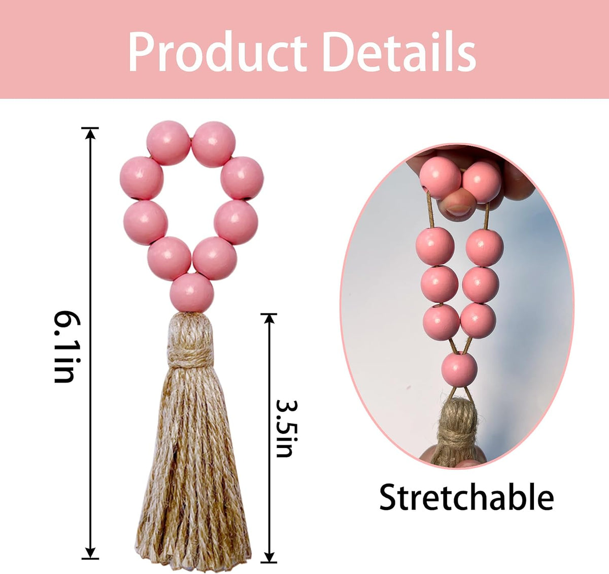 Napkin Rings Set of 12,Wooden Bead Elastic Tassel Napkin Ring (Pink)