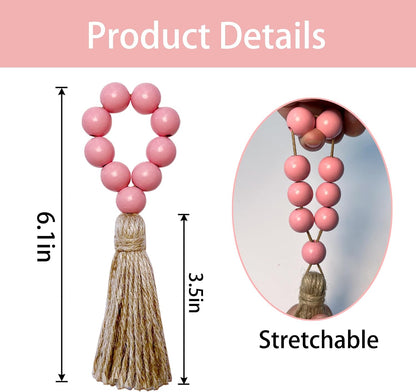 Napkin Rings Set of 12,Wooden Bead Elastic Tassel Napkin Ring (Pink)