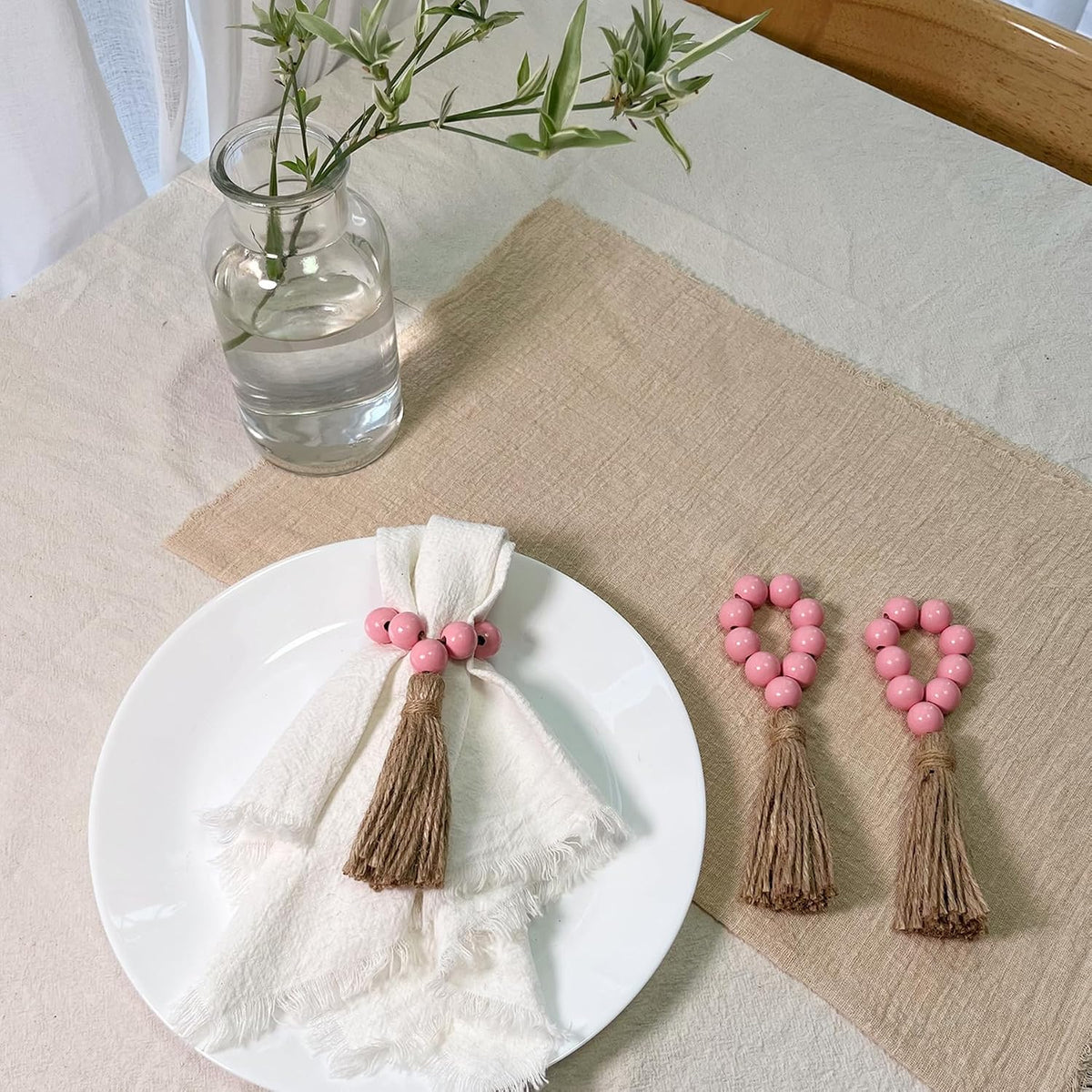 Napkin Rings Set of 12,Wooden Bead Elastic Tassel Napkin Ring (Pink)