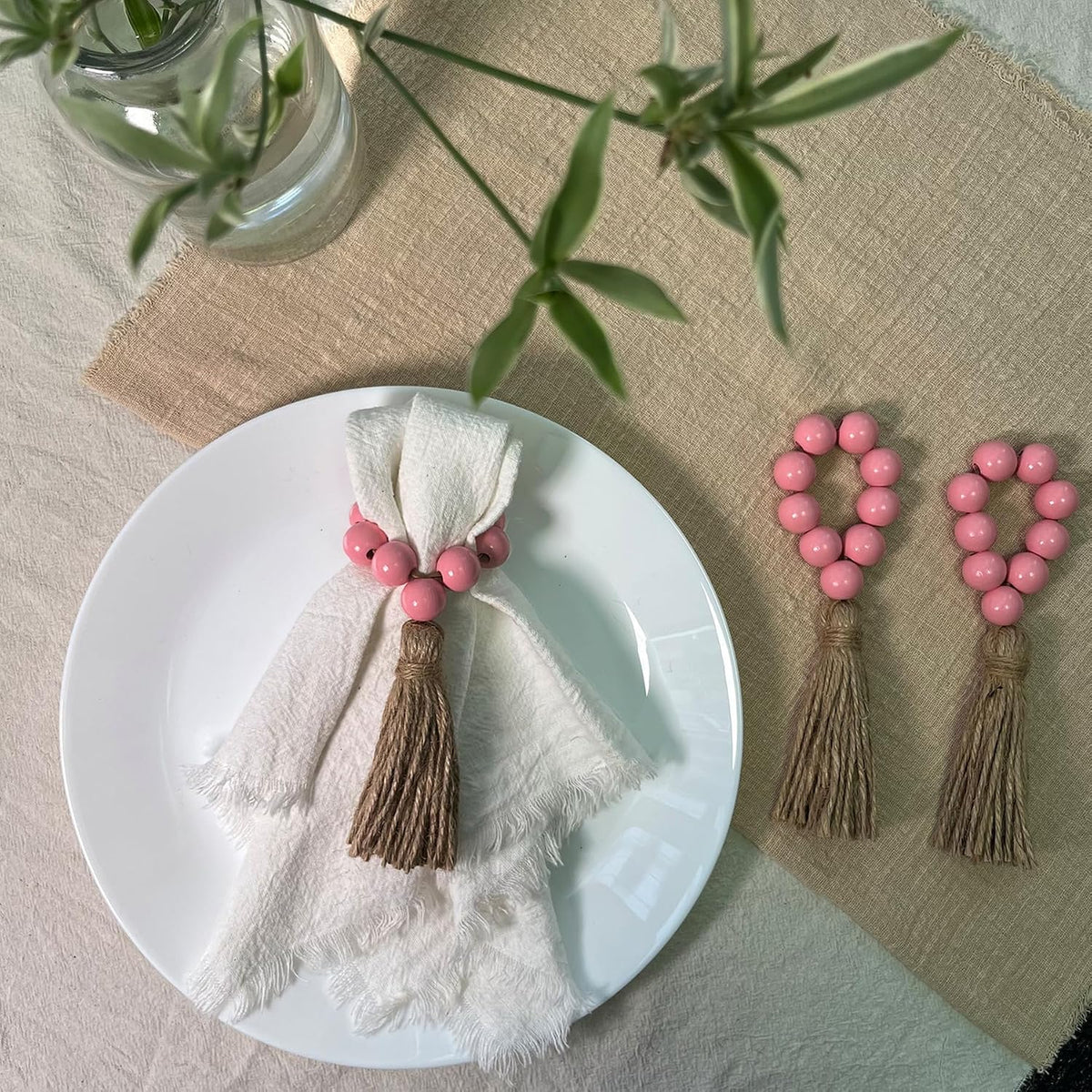 Napkin Rings Set of 12,Wooden Bead Elastic Tassel Napkin Ring (Pink)