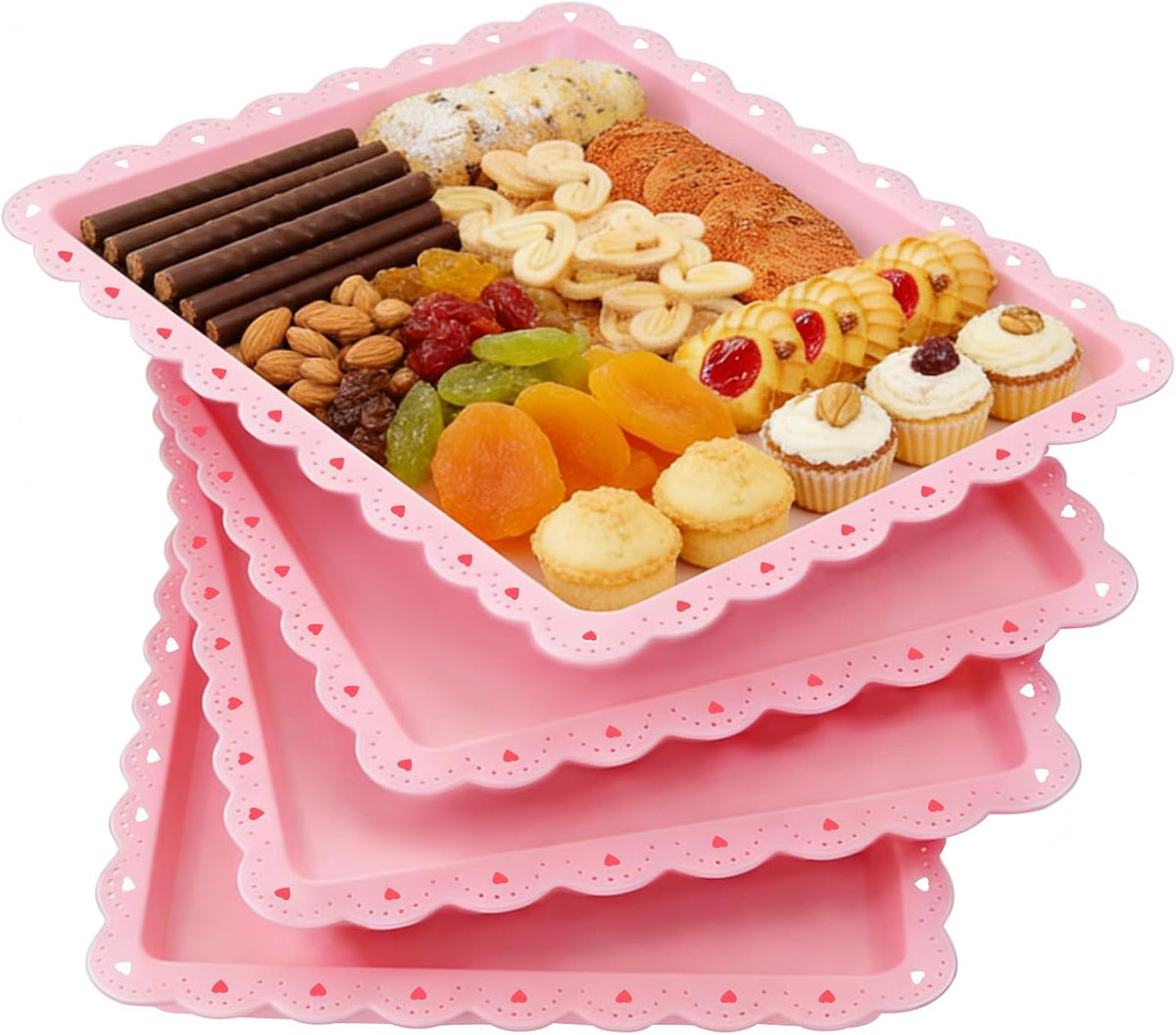 4 Pack Plastic Serving Tray for Party, 14.5 x 9.4 Inch Heavy Duty Platters for Party Buffet Wedding (Pink)